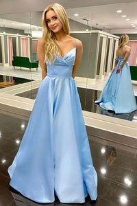 Elegant V Neck Open Back Light Blue Satin Long Prom Dresses, Light Blue Formal Graduation Evening Dresses EP1726