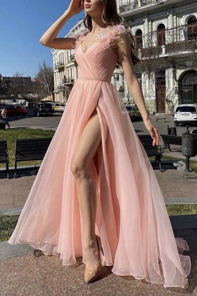 Elegant V Neck Pink Tulle Long Prom Dresses with High Slit, Pink Tulle Formal Graduation Evening Dresses EP1846