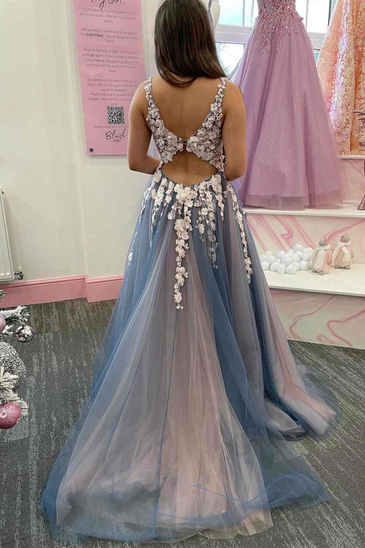Elegant V Neck Smoke Gray Tulle Long Prom Dresses with Lace Flowers, S –  Eip Collection