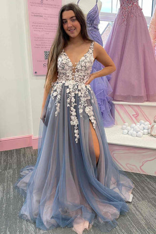 Elegant V Neck Smoke Gray Tulle Long Prom Dresses with Lace Flowers, Smoke Gray Tulle Formal Graduation Evening Dresses with High Slit EP1842