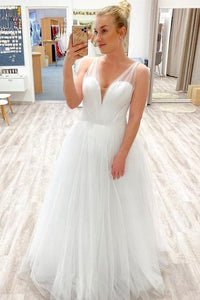 Elegant V Neck White Tulle Long Prom Dresses, Long White Formal Gradua Eip Collection Elegant V Neck White Tulle Long Prom Dresses, Long White Formal Gradua Eip Collection
