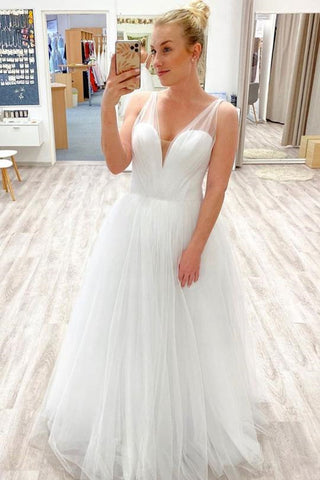 Elegant V Neck White Tulle Long Prom Dresses, Long White Formal Graduation Evening Dresses EP1444