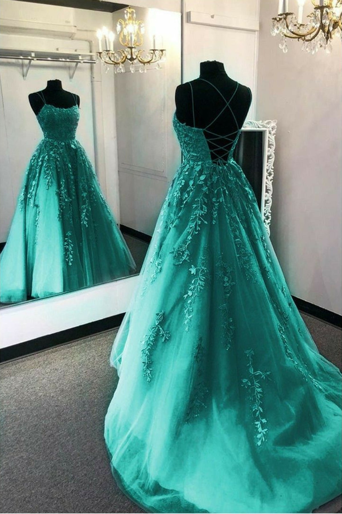 Fashion Green Lace Appliques Open Back Tulle Long Prom Dresses, Green Lace Formal Dresses, Green Evening Dresses EP1822