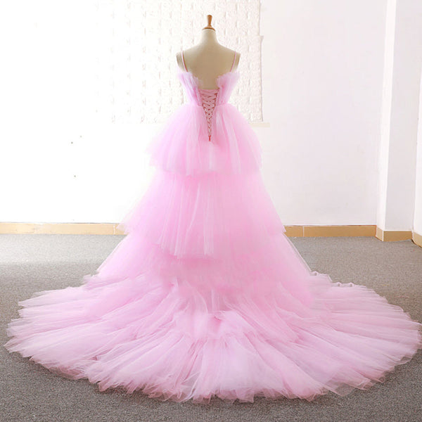 Gorgeous High Low Pink Tulle Long Prom Dresses, Pink Tulle Formal Graduation Evening Dresses EP1788