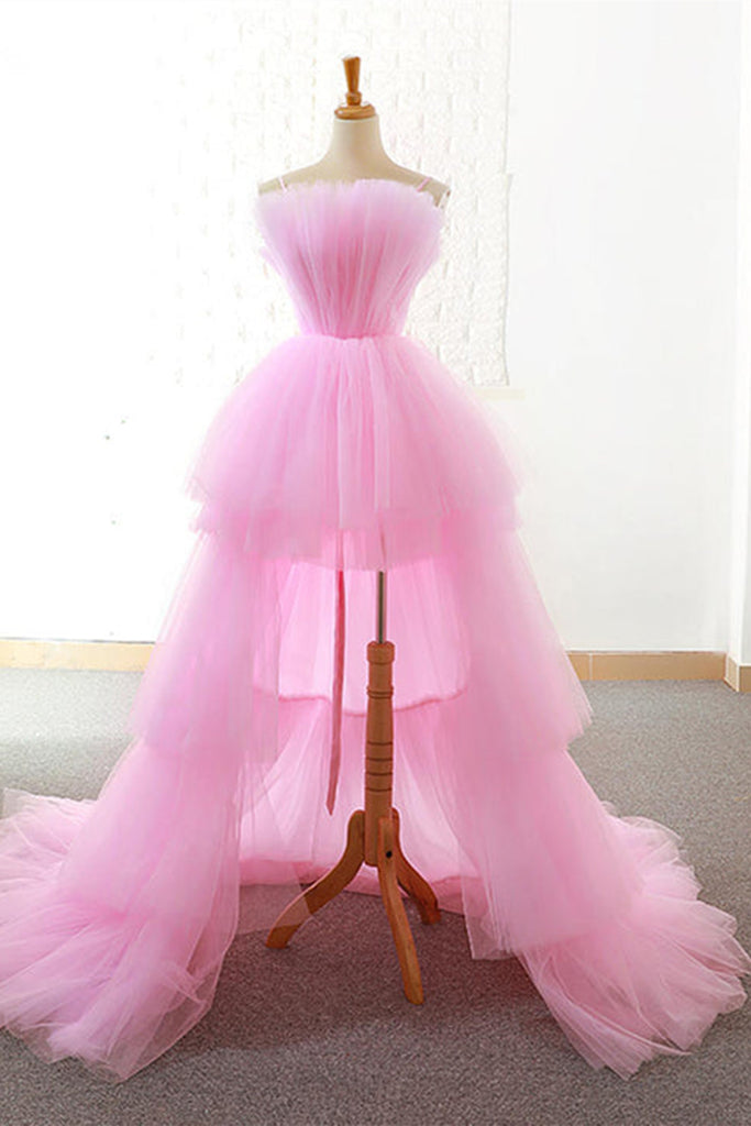 Gorgeous High Low Pink Tulle Long Prom Dresses, Pink Tulle Formal Grad Eip Collection Gorgeous High Low Pink Tulle Long Prom Dresses, Pink Tulle Formal Grad Eip Collection
