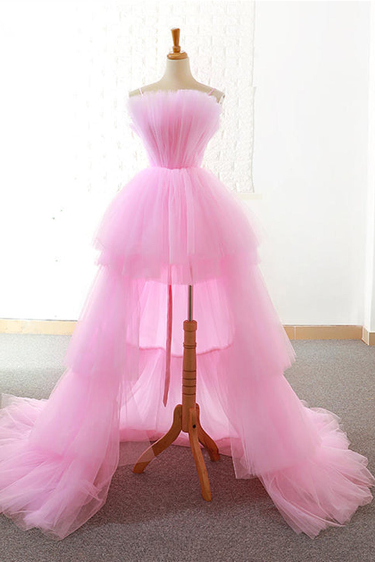 Gorgeous High Low Pink Tulle Long Prom Dresses, Pink Tulle Formal Graduation Evening Dresses EP1788