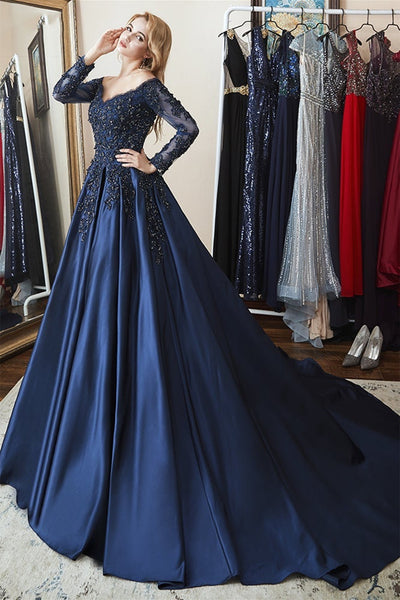 Gorgeous Long Sleeves Navy Blue Lace Beaded Long Prom Dresses, V Neck Navy Blue Formal Evening Dresses, Navy Blue Ball Gown EP1692