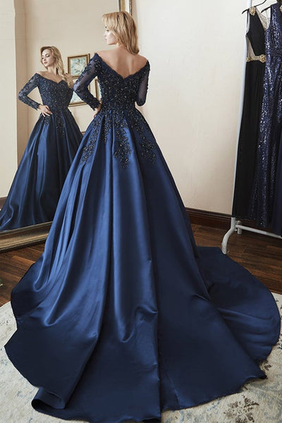 Gorgeous Long Sleeves Navy Blue Lace Beaded Long Prom Dresses, V Neck Navy Blue Formal Evening Dresses, Navy Blue Ball Gown EP1692