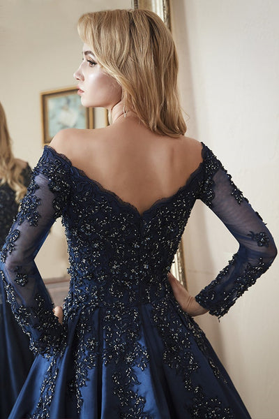 Gorgeous Long Sleeves Navy Blue Lace Beaded Long Prom Dresses, V Neck Navy Blue Formal Evening Dresses, Navy Blue Ball Gown EP1692
