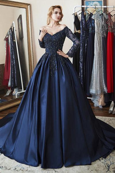 Gorgeous Long Sleeves Navy Blue Lace Beaded Long Prom Dresses, V Neck Navy Blue Formal Evening Dresses, Navy Blue Ball Gown EP1692