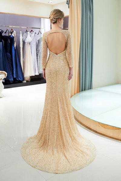 Gorgeous Long Sleeves Open Back Beaded Champagne Long Prom Dresses, Mermaid Champagne Formal Evening Dresses EP1618