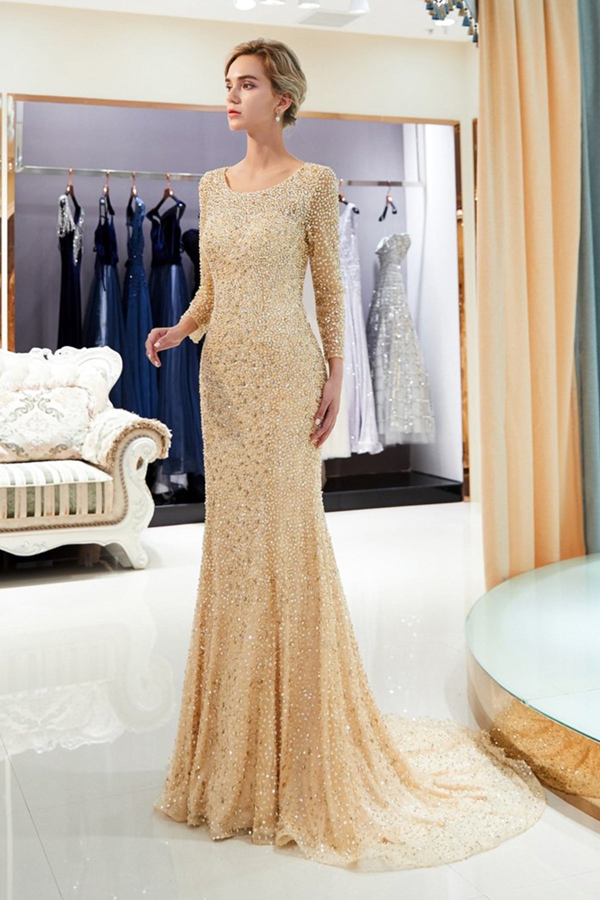 Gorgeous Long Sleeves Open Back Beaded Champagne Long Prom Dresses, Mermaid Champagne Formal Evening Dresses EP1618
