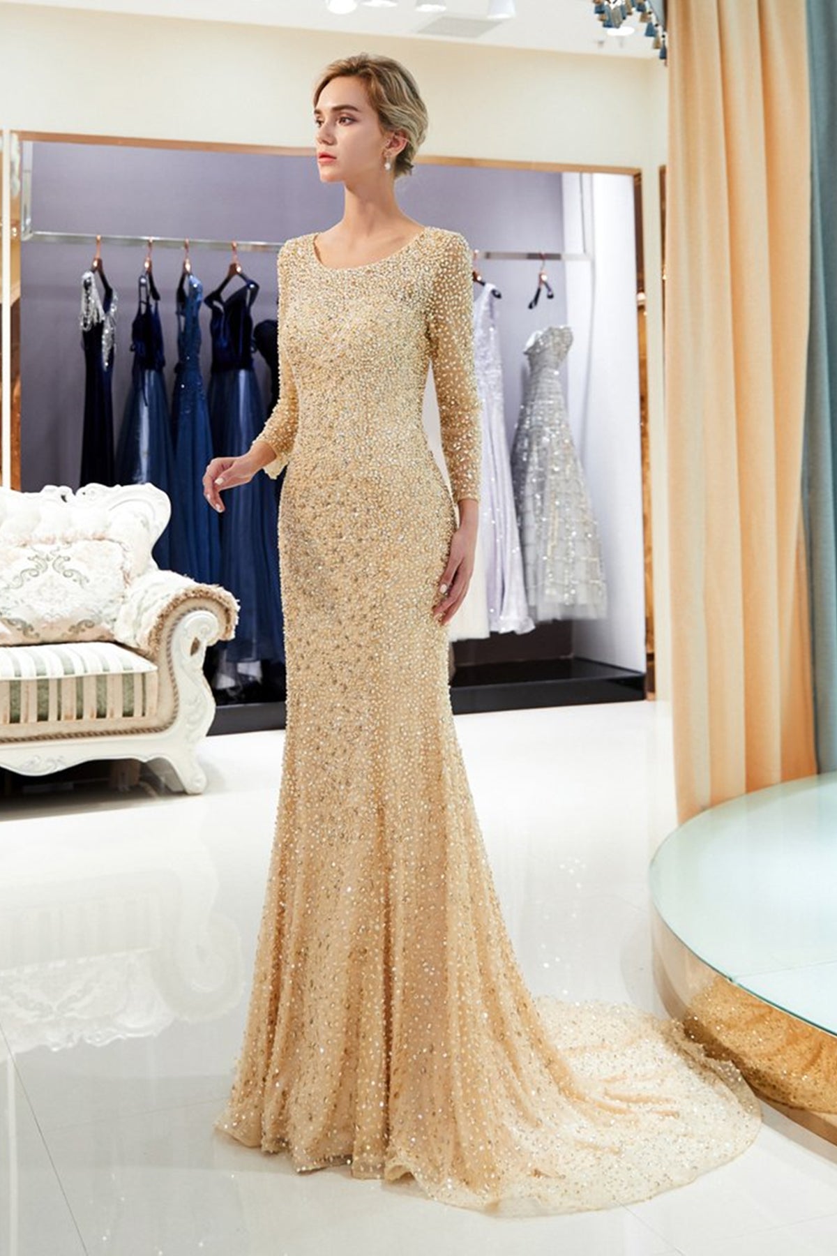 Gorgeous Long Sleeves Open Back Beaded Champagne Long Prom Dresses, Me Eip Collection Gorgeous Long Sleeves Open Back Beaded Champagne Long Prom Dresses, Me Eip Collection