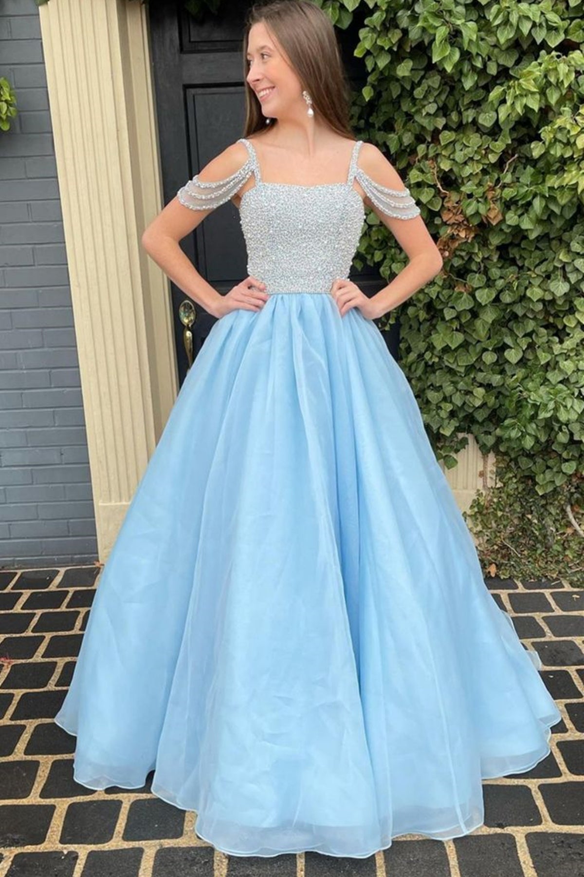 Gorgeous Off Shoulder Beaded Light Blue Tulle Long Prom Dresses, Off t Eip Collection Gorgeous Off Shoulder Beaded Light Blue Tulle Long Prom Dresses, Off t Eip Collection