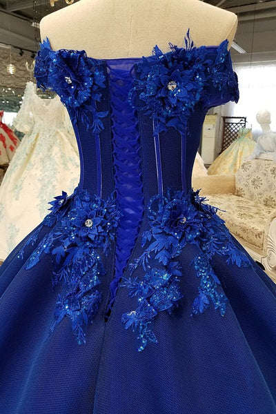 Gorgeous Off Shoulder Blue Lace Floral Long Prom Dresses, Blue Lace Formal Evening Dresses, Blue Ball Gown EP1654