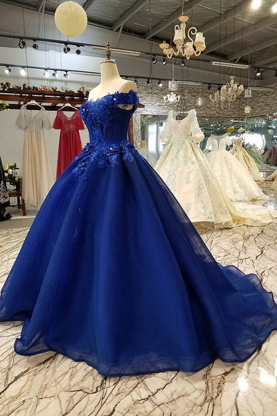 Gorgeous Off Shoulder Blue Lace Floral Long Prom Dresses, Blue Lace Formal Evening Dresses, Blue Ball Gown EP1654