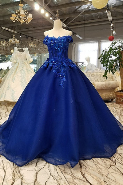 Gorgeous Off Shoulder Blue Lace Floral Long Prom Dresses, Blue Lace Formal Evening Dresses, Blue Ball Gown EP1654