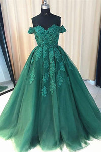 Gorgeous Off Shoulder Green Lace Long Prom Dresses, Green Lace Formal Evening Dresses, Green Ball Gown
