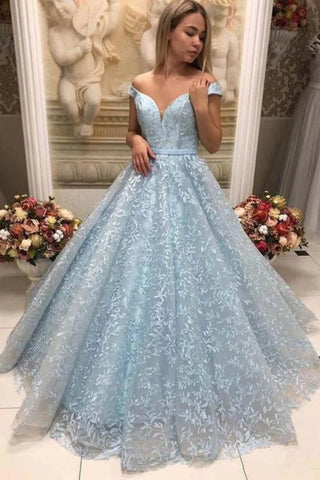 Gorgeous Off Shoulder Light Blue Lace Long Prom Dresses, Light Blue Lace Formal Evening Dresses, Blue Ball Gown EP1488