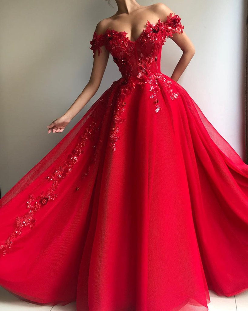 Gorgeous Off Shoulder Long Red Lace Floral Prom Dresses Off the