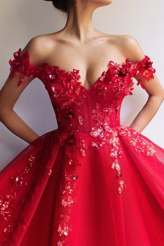 Gorgeous Off Shoulder Long Red Lace Floral Prom Dresses, Off the Shoulder Red Formal Dresses, Red Lace Evening Dresses