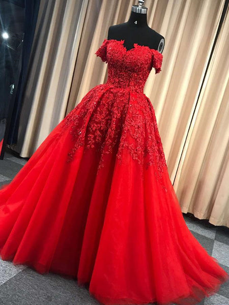 Gorgeous Off Shoulder Red Lace Long Prom Dresses, Red Lace Formal Evening Dresses, Red Ball Gown EP1418