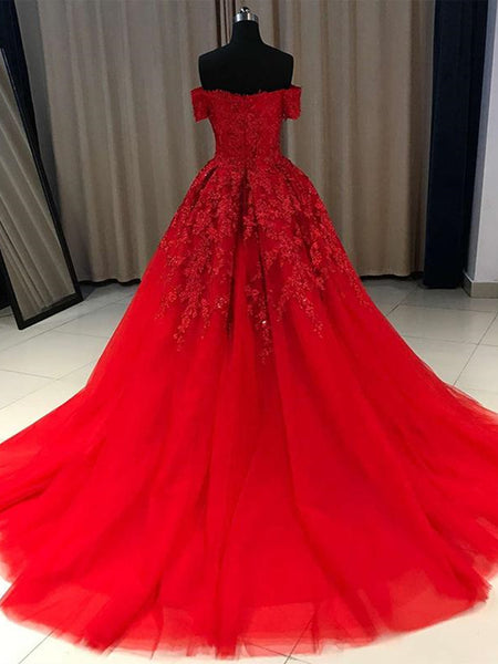 Gorgeous Off Shoulder Red Lace Long Prom Dresses, Red Lace Formal Evening Dresses, Red Ball Gown EP1418