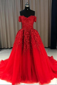 Gorgeous Off Shoulder Red Lace Long Prom Dresses, Red Lace Formal Evening Dresses, Red Ball Gown EP1418