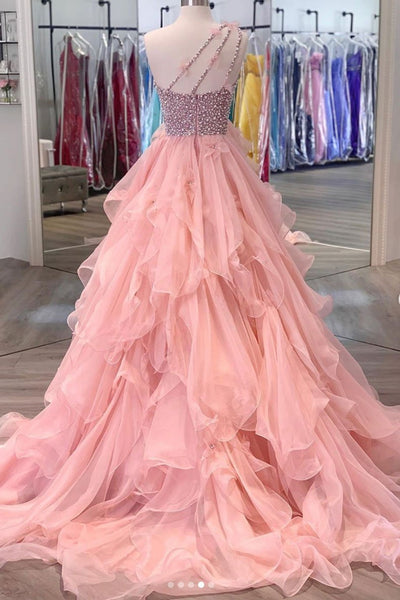 Gorgeous One Shoulder Beaded Pink Long Prom Dresses, Fluffy Pink Formal Evening Dresses, Beaded Ball Gown EP1332
