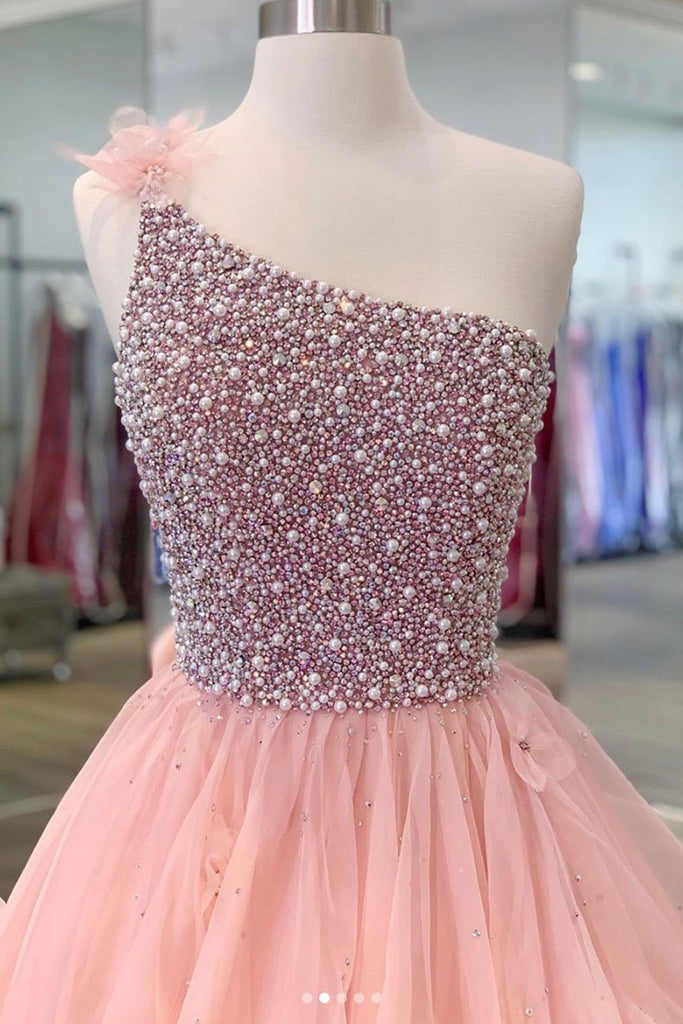 strapless open back dress Gorgeous One Shoulder Beaded Pink Long Prom Dresses, Fluffy Pink Forma –  Eip Collection