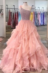 Gorgeous One Shoulder Beaded Pink Long Prom Dresses, Fluffy Pink Formal Evening Dresses, Beaded Ball Gown EP1332