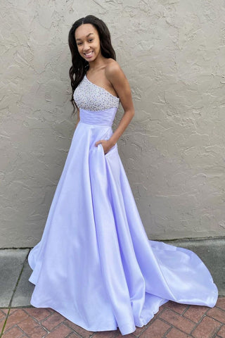 Gorgeous One Shoulder Beaded Purple Satin Long Prom Dresses, Long Beaded Purple Formal Evening Dresses