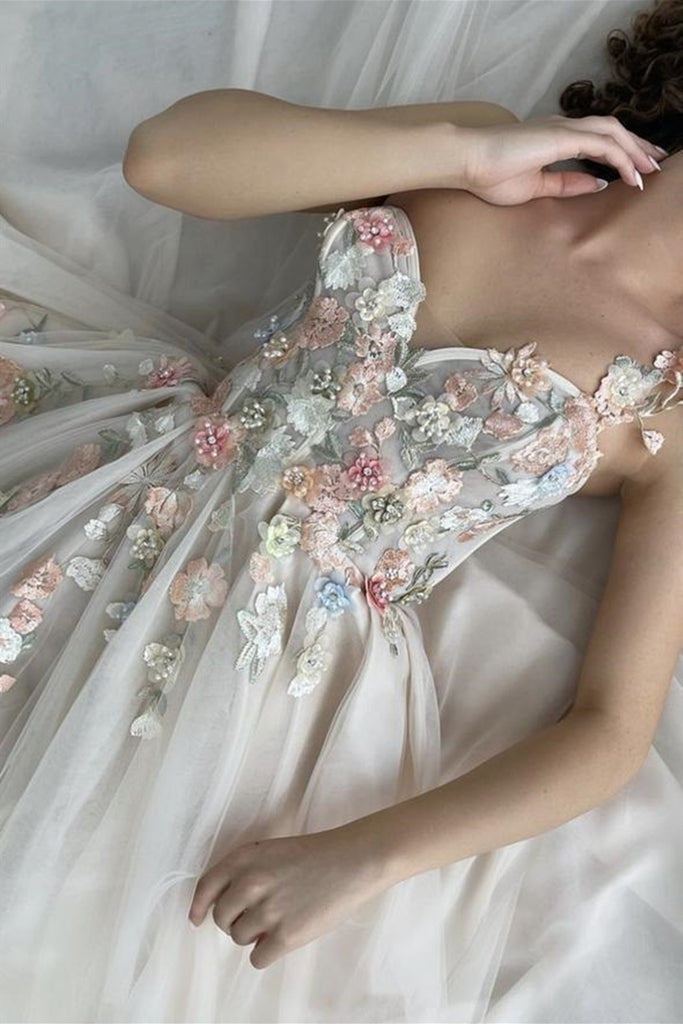 Gorgeous One Shoulder Champagne Floral Long Prom Dresses with Slit, 3D Eip Collection Gorgeous One Shoulder Champagne Floral Long Prom Dresses with Slit, 3D Eip Collection