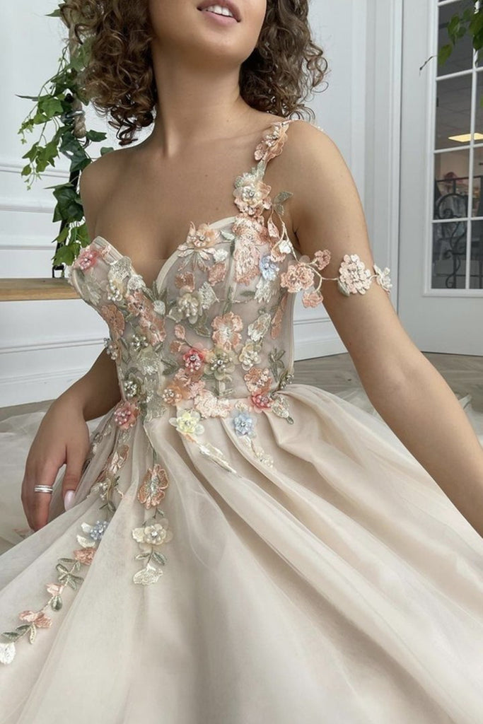 Gorgeous One Shoulder Champagne Floral Long Prom Dresses with Slit, 3D Eip Collection Gorgeous One Shoulder Champagne Floral Long Prom Dresses with Slit, 3D Eip Collection