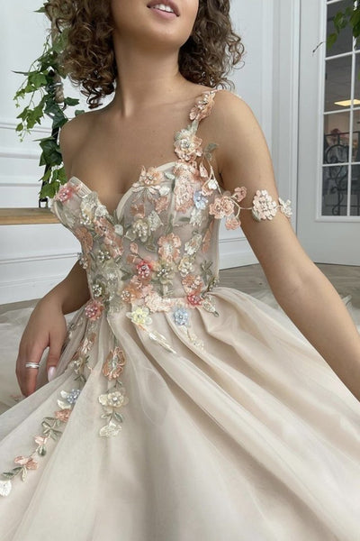 Gorgeous One Shoulder Champagne Floral Long Prom Dresses with Slit, 3D Flowers Champagne Formal Evening Dresses EP1375