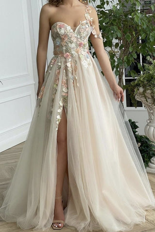 Gorgeous One Shoulder Champagne Floral Long Prom Dresses with Slit, 3D Flowers Champagne Formal Evening Dresses EP1375