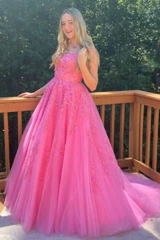 Gorgeous Pink Lace Tulle Long Prom Dresses, Pink Lace Formal Evening Dresses, Pink Ball Gown EP1852