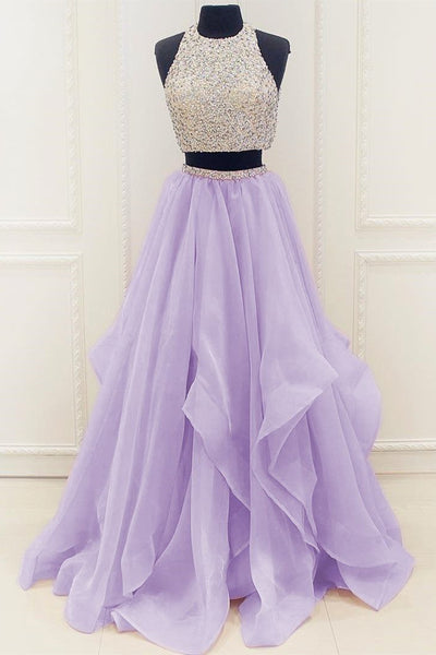 Gorgeous Round Neck Two Pieces Pink/Purple Long Prom Dresses, 2 Pieces Pink/Purple Formal Evening Dresses