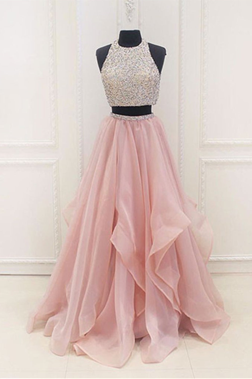 Gorgeous Round Neck Two Pieces Pink/Purple Long Prom Dresses, 2 Pieces Pink/Purple Formal Evening Dresses