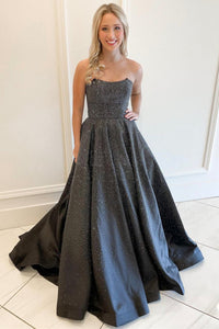 Gorgeous Strapless Beaded Black Long Prom Dresses, Beaded Black Formal Evening Dresses, Black Ball Gown EP1694