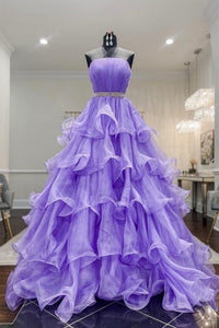 Gorgeous Strapless Layered Purple Tulle Long Prom Dresses with Belt, Purple Formal Evening Dresses, Purple Ball Gown EP1713