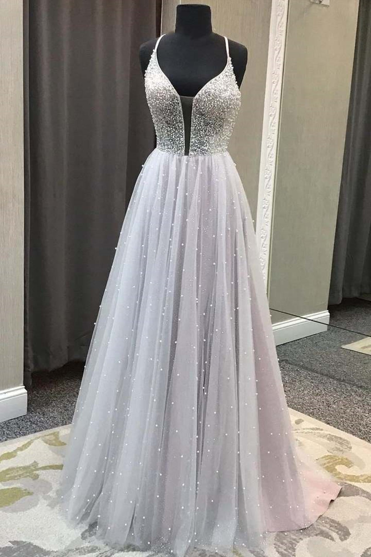 Gorgeous V Neck Backless Beaded Gray Tulle Long Prom Dresses, Backless Eip Collection Gorgeous V Neck Backless Beaded Gray Tulle Long Prom Dresses, Backless Eip Collection