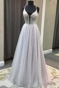 Gorgeous V Neck Backless Beaded Gray Tulle Long Prom Dresses, Backless Grey Formal Graduation Evening Dresses EP1803