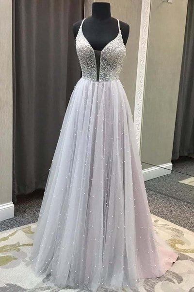 Gorgeous V Neck Backless Beaded Gray Tulle Long Prom Dresses, Backless Grey Formal Graduation Evening Dresses EP1803