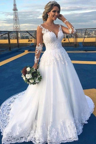 Gorgeous V Neck Long Sleeves White Lace Appliques Prom Dresses, Long Sleeves White Wedding Dresses, White Lace Formal Evening Dresses EP1603