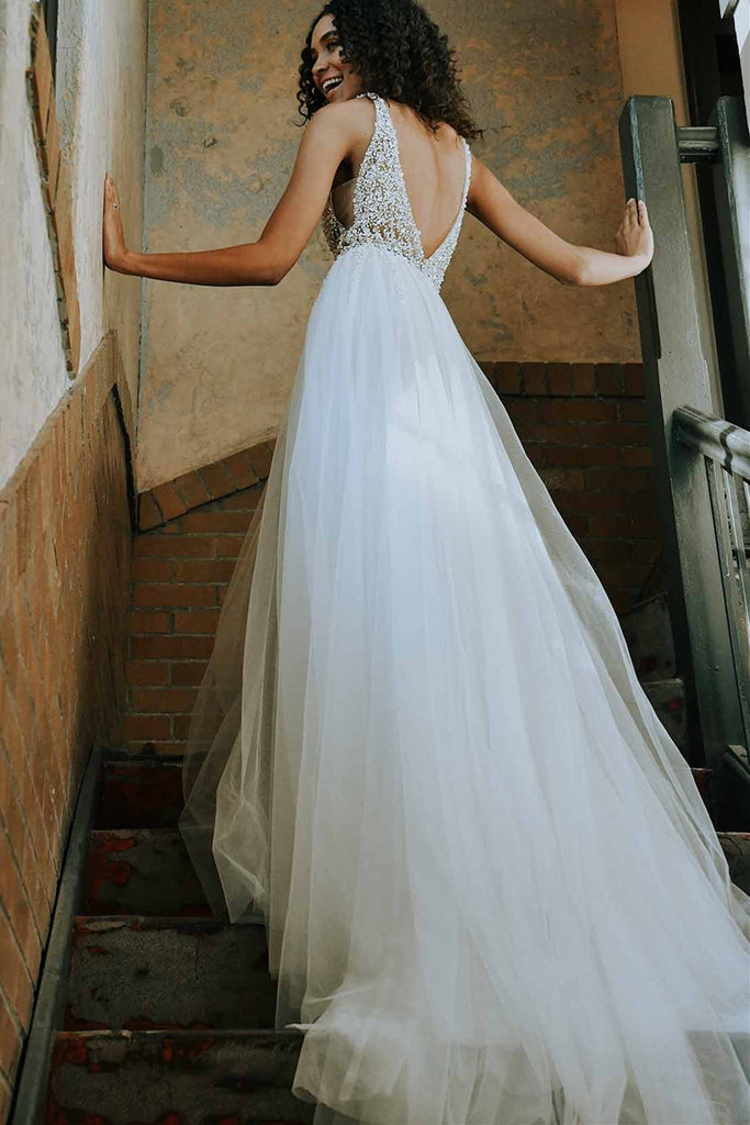 Gorgeous V Neck Open Back Beaded Ivory Long Prom Dresses, Open Back Lo Eip Collection Gorgeous V Neck Open Back Beaded Ivory Long Prom Dresses, Open Back Lo Eip Collection