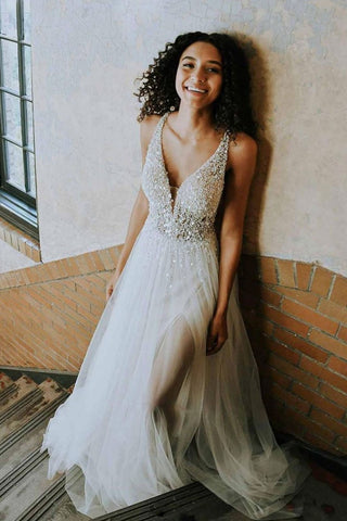 Gorgeous V Neck Open Back Beaded Ivory Long Prom Dresses, Open Back Long Ivory Beaded Formal Evening Dresses