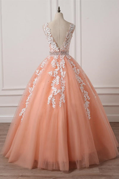 Gorgeous V Neck Open Back Coral Lace Floral Long Prom Dress, Coral Lace Formal Dress, Coral Evening Dress with Appliques