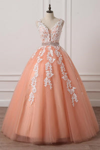 Gorgeous V Neck Open Back Coral Lace Floral Long Prom Dress, Coral Lace Formal Dress, Coral Evening Dress with Appliques