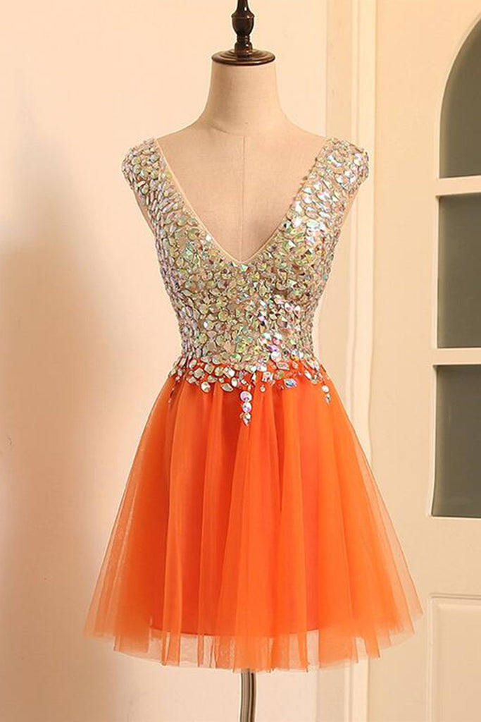 Gorgeous V Neck Open Back Orange Short Prom Homecoming Dresses, Short Eip Collection Gorgeous V Neck Open Back Orange Short Prom Homecoming Dresses, Short Eip Collection